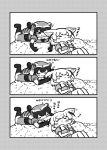  2girls 3koma :3 animal_ears biting blush_stickers bow bowtie closed_eyes comic common_raccoon_(kemono_friends) ear_biting elbow_gloves fang fennec_(kemono_friends) fox_ears fur_collar gloves greyscale highres kemono_friends kotobuki_(tiny_life) looking_at_another lying monochrome multiple_girls on_back outdoors pleated_skirt puffy_short_sleeves puffy_sleeves raccoon_ears raccoon_tail short_hair short_sleeves silent_comic skirt sleeping smile tail translation_request vest zzz 