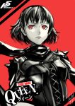  1girl absurdres black_clothes black_hair black_scarf copyright_name highres looking_away niijima_makoto persona persona_5 red_background red_eyes scarf short_hair signature sketch solo upper_body 
