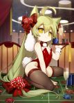  1girl absurdly_long_hair absurdres ahoge akashi_(azur_lane) alcohol animal_ears azur_lane backless_outfit bangs bare_shoulders between_legs bow bowtie brown_legwear bunny_tail bunnysuit cat_ears champagne champagne_flute ciciya commentary_request cup dice_hair_ornament drinking_glass eyebrows_visible_through_hair fingernails green_hair hair_between_eyes hair_bow hair_ornament hand_between_legs highres holding holding_tray indoors leotard long_hair poker_chip red_bow red_leotard red_neckwear roulette_table sample sidelocks signature solo sparkle strapless strapless_leotard striped striped_bow tail thigh-highs tray very_long_hair wrist_cuffs yellow_eyes 