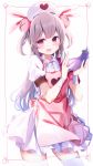  &gt;_&lt; 1girl :d apron bandage bandaged_arm blush brown_hair bunny_hair_ornament chikuwa. collared_shirt commentary_request eggplant fang food hair_ornament hands_up hat highres holding holding_food long_hair looking_at_viewer natori_sana nurse_cap open_mouth pink_apron red_eyes sana_channel shirt skirt smile solo two_side_up very_long_hair virtual_youtuber white_hat white_shirt white_skirt 