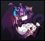  1girl animal_ears bare_shoulders black_border border cake chair claws closed_mouth cup dragon_girl dragon_horns dragon_tail dragon_wings eating elbow_gloves food gloves grey_background head_fins highres holding horns jabberwock_(monster_girl_encyclopedia) letter monster_girl monster_girl_encyclopedia multicolored_hair pink_hair prehensile_tail purple_hair ramenwarwok red_eyes shaded_face simple_background solo streaked_hair table tail teacup teapot tentacle tongue tongue_out tray wings 