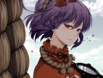  1girl clouds cloudy_sky hair_between_eyes hair_ornament leaf leaf_hair_ornament lips looking_at_viewer mirror mudix2 neck_ribbon portrait purple_hair red_eyes ribbon rope shimenawa shirt short_hair sky smile solo touhou wind yasaka_kanako 