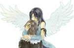  1boy 1girl angel_wings arm_ribbon arm_warmers black_hair breasts brown_hair closed_eyes couple dress final_fantasy final_fantasy_viii fur_trim jacket long_hair ribbon rinoa_heartilly simple_background sleeveless sleeveless_duster squall_leonhart white_background wings 