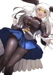  1girl ass_visible_through_thighs bald_eagle_(kemono_friends) bird_tail black_hair blonde_hair breasts commentary cowboy_shot gloves head_wings highres kemono_friends kemono_friends_3 koruse large_breasts long_hair long_sleeves looking_at_viewer multicolored_hair open_mouth pantyhose pleated_skirt simple_background sketch skirt smile solo uniform white_background white_gloves white_hair yellow_eyes 