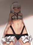  1girl altera_(fate) ass_visible_through_thighs bangs bare_shoulders blunt_bangs blush breasts dark_skin eyebrows_visible_through_hair fate/extella fate/extra fate_(series) groin highres kaafi looking_away navel red_eyes small_breasts solo stomach white_hair 