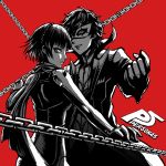  1boy 1girl amamiya_ren black_hair bodysuit chains copyright_name grin limited_palette looking_at_viewer mask niijima_makoto omega_(omega_yang) persona persona_5 red_background shadow short_hair simple_background smile 