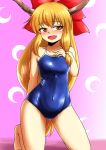  1girl blue_swimsuit bow breasts brown_eyes chains competition_school_swimsuit d-m_(dii_emu) hair_bow highres horn_ribbon horns ibuki_suika long_hair looking_at_viewer one-piece_swimsuit oni open_mouth orange_hair ribbon school_swimsuit shiny small_breasts smile solo swimsuit touhou 