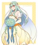  1girl adricarra bare_shoulders blue_hair bouquet bridal_veil bride cape dress elbow_gloves fire_emblem fire_emblem:_rekka_no_ken fire_emblem_heroes flower gloves hair_flower hair_ornament highres jewelry long_hair looking_at_viewer mamkute ninian red_eyes rose smile solo strapless strapless_dress veil wedding_dress white_dress 