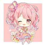  1girl ;d bang_dream! bow brooch butterfly_hair_ornament chibi choker cross-laced_footwear double_bun dress earrings flower hair_ornament heart jewelry knees_together_feet_apart looking_at_viewer maruyama_aya one_eye_closed open_mouth outline pink_background pink_bow pink_choker pink_dress pink_eyes pink_footwear pink_hair short_hair smile solo star star_hair_ornament taya_5323203 twintails white_outline 