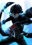  1boy amamiya_ren bangs black_clothes black_hair black_pants gelze gloves hair_between_eyes holding holding_mask male_focus mask pants persona persona_5 red_eyes red_gloves solo 