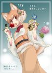  1girl animal_ears belt box brown_eyes brown_hair candy_apple chiki_yuuko chopsticks commentary_request dog_(kemono_friends) dog_ears dog_tail eyebrows_visible_through_hair food food_on_face highres japanese_clothes kemono_friends kimono looking_at_viewer lucky_beast_(kemono_friends) multicolored_hair open_mouth solo tail takoyaki tongue tongue_out translation_request two-tone_hair white_hair wide_sleeves yukata 