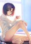  1girl backlighting bare_legs barefoot black_eyes black_hair bottle bottomless dress_shirt fate/grand_order fate_(series) feet food haagen-dazs highres ice_cream ice_cream_spoon indoors kara_no_kyoukai knee_up looking_at_viewer mouth_hold naked_shirt no_panties official_art ryougi_shiki shirt short_hair sitting soles solo spoon_in_mouth takeuchi_takashi toes window 