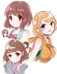 absurdres alternate_hair_length alternate_hairstyle bare_shoulders blonde_hair blue_eyes bow brown_eyes brown_hair character_request grey_coat headphones headphones_around_neck highres hood hoodie idolmaster idolmaster_cinderella_girls kamiya_nao long_sleeves misumi_(macaroni) multiple_girls ogata_chieri ootsuki_yui open_mouth orange_hoodie pink_bow red_eyes short_hair sleeveless sleeveless_hoodie smile