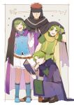  1girl aym_(ash3ash3ash) blue_eyes blush boots brothers cape closed_mouth couple family father_and_son fingerless_gloves fire_emblem fire_emblem:_fuuin_no_tsurugi fire_emblem:_rekka_no_ken fire_emblem_heroes gloves green_hair hairband headband jaffar_(fire_emblem) lleu_(fire_emblem) lugh_(fire_emblem) mother_and_son nino_(fire_emblem) open_mouth purple_hairband red_eyes redhead short_hair siblings skirt smile tattoo 