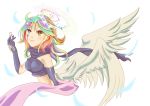  1girl ahoge artist_request azriel_(no_game_no_life) blue_eyes breasts chess_piece cross facial_tattoo feathered_wings gloves gradient_hair green_hair halo long_hair low_wings magic_circle medium_breasts midriff multicolored_hair no_game_no_life open_mouth pawn smile solo symbol-shaped_pupils tattoo white_wings wing_ears wings yellow_eyes 