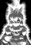  1girl alpaca_ears alpaca_suri_(kemono_friends) animal_ears aura bangs blue_eyes closed_mouth coat commentary cup fur-trimmed_sleeves fur_collar fur_trim greyscale hair_over_one_eye halftone highres holding kaya_(nari1-24) kemono_friends long_sleeves looking_at_viewer monochrome saucer short_hair sidelocks smile solo spot_color standing steam teacup upper_body 