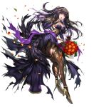  1girl bangs black_hair bouquet breasts cleavage dress fire_emblem fire_emblem:_kakusei fire_emblem_heroes flower full_body hair_ornament high_heels highres holding large_breasts long_hair looking_away open_mouth see-through senchat solo tharja torn_clothes transparent_background 