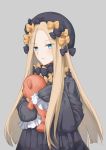  1girl abigail_williams_(fate/grand_order) absurdres alisius black_bow black_dress black_hat blue_eyes bow dress eyebrows_visible_through_hair fate/grand_order fate_(series) grey_background hair_bow hat highres long_sleeves looking_at_viewer orange_bow simple_background solo standing stuffed_animal stuffed_toy teddy_bear upper_body 