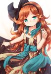  1girl baram bare_arms black_hairband bracelet brown_hair commentary_request eyebrows_visible_through_hair granblue_fantasy green_eyes hairband jewelry long_hair looking_at_viewer sara_(granblue_fantasy) smile solo 