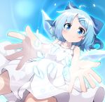  1girl ahoge alternate_costume blue_bow blue_eyes blue_hair bow cirno collarbone commentary_request do_(4-rt) dress fang fang_out hair_bow hair_ornament hairclip highres ice ice_wings looking_at_viewer outstretched_arms short_hair sleeveless sleeveless_dress smile solo sundress touhou white_dress wings 