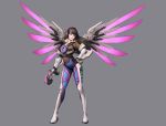  1girl absurdres boots brown_hair commentary d.va_(overwatch) facepaint full_body gloves grey_background gun hand_on_hip highres holding holding_gun holding_weapon jungon_kim long_hair looking_at_viewer mercy_(overwatch) overwatch solo standing tracer_(overwatch) weapon white_footwear white_gloves wings 