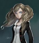  1girl atlus black_blazer blazer blue_eyes brown_hair collarbone floating_hair grey_background hair_ornament hairclip highres jacket long_hair looking_at_viewer megami_tensei open_blazer open_clothes open_jacket parted_lips persona persona_5 signature solo surreal sweater takamaki_anne twintails upper_body very_long_hair white_sweater xq zipper 