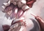  1girl ascot bat_wings blue_hair dress frilled_shirt_collar frills from_side grey_background hat hat_ribbon jan_(lightdragoon) mob_cap portrait profile red_eyes red_neckwear red_ribbon remilia_scarlet ribbon short_hair solo touhou white_dress white_hat wing_collar wings 