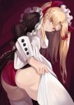  1girl :&lt; alternate_costume apron artist_name ass blonde_hair blush breasts dressing earrings enmaided ereshkigal_(fate/grand_order) fate/grand_order fate_(series) from_below hair_ribbon highres hoop_earrings jewelry long_hair long_sleeves looking_at_viewer maid maid_apron maid_headdress medium_breasts mi_mi_ham panties puffy_long_sleeves puffy_sleeves red_background red_eyes red_panties ribbon solo thigh-highs twintails twitter_handle underwear white_legwear wrist_cuffs 