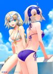  2girls ahoge ass back bare_shoulders bikini black_bikini blonde_hair blue_eyes braid breasts butt_crack cleavage clouds cloudy_sky collarbone fate/grand_order fate_(series) hair_ornament headpiece jeanne_d&#039;arc_(alter)_(fate) jeanne_d&#039;arc_(fate) jeanne_d&#039;arc_(fate)_(all) large_breasts long_hair looking_at_viewer multiple_girls navel shirotsumekusa short_hair side-tie_bikini single_braid sky smile swimsuit thighs very_long_hair white_bikini yellow_eyes 