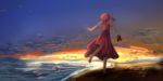  1girl barefoot beach blue_sky blurry clouds commentary depth_of_field dress english_commentary facing_away facing_to_the_side from_behind head_tilt highres holding holding_shoes ocean outdoors outstretched_arms red_dress redhead sara_(touhou) shoes shoes_removed short_hair short_sleeves shounen_(hogehoge) side_ponytail sky solo spread_arms sunset touhou touhou_(pc-98) twilight walking walking_away 