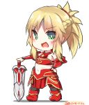  1girl :d armor bangs bare_shoulders black_legwear blonde_hair blush boots braid breastplate chibi dated dreamusun eyebrows_visible_through_hair fang fate/apocrypha fate/grand_order fate_(series) green_eyes hand_on_hilt hand_on_hip long_hair mordred_(fate) mordred_(fate)_(all) navel open_mouth ponytail red_armor red_footwear sidelocks signature smile solo standing sword thigh-highs weapon white_background 