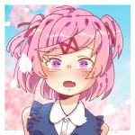  1girl :o blush commentary_request doki_doki_literature_club face fang hair_ornament hair_ribbon hairclip heather natsuki_(doki_doki_literature_club) petals pink_eyes pink_hair red_ribbon ribbon short_hair solo two_side_up 