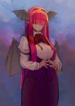  bat_wings blouse breasts commentary demon_girl dress_shirt fingers_together hair_over_eyes head_wings hideo0605 highres koakuma large_breasts long_bangs long_hair long_sleeves looking_at_viewer red_eyes red_neckwear red_ribbon redhead ribbon shirt smile succubus touhou very_long_hair vest white_blouse wings 