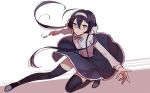  1girl blue_hair bow bowtie bungou_stray_dogs ecru fork hair_ribbon hairband izumi_kyouka_(bungou_stray_dogs) korean_commentary ribbon solo thigh-highs twintails 