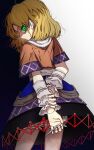  1girl arm_warmers arms_behind_back blonde_hair bloomers from_behind green_eyes highres ichirugi looking_at_viewer mizuhashi_parsee nail scarf shaded_face shirt short_sleeves skirt solo touhou white_bloomers 