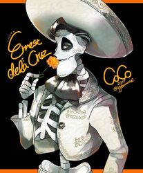  1boy black_hair bow charro coco_(disney) disney ernesto_de_la_cruz facial_hair flower goatee hat highres jacket marigold multiple_boys mustache short_hair skeleton skull smile solo 