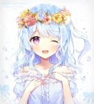  1girl ;d bang_dream! bangs blue_hair character_name collarbone dated eyebrows_visible_through_hair flower frilled_shirt_collar frilled_sleeves frills hands_on_own_chest happy_birthday head_wreath jellyfish light_blue_hair long_hair looking_at_viewer matsubara_kanon off-shoulder_shirt one_eye_closed one_side_up open_mouth rose shirt smile solo sparkle star taya_5323203 tearing_up tears upper_body violet_eyes water_drop white_shirt 