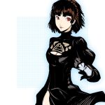  1girl black_clothes black_gloves breasts brown_hair cleavage cleavage_cutout cosplay dh_(brink_of_memories) gloves highres limited_palette long_hair medium_breasts niijima_makoto persona persona_5 red_eyes shadow short_hair solo standing white_background yorha_no._2_type_b yorha_no._2_type_b_(cosplay) 