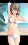  1girl arms_behind_head arms_up bangs bikini blurry blush breasts brown_hair cleavage collarbone depth_of_field green_eyes heterochromia highres idolmaster idolmaster_cinderella_girls looking_at_viewer medium_breasts migimaki_(migi_mawashi) mole mole_under_eye navel short_hair solo swimsuit takagaki_kaede tied_hair white_bikini 