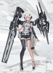  1girl black_legwear black_shorts bridal_gauntlets cancell elbow_gloves full_body gloves headgear highres long_hair looking_at_viewer mecha_musume original pigeon-toed revision science_fiction short_shorts shorts single_thighhigh solo standing thigh-highs weapon white_eyes white_hair 