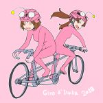  2girls @_@ anglerfish_costume bangs bicycle bicycle_helmet bodysuit brown_eyes brown_hair commentary dated girls_und_panzer ground_vehicle hat helmet highres italian kadotani_anzu long_hair looking_at_another looking_back multiple_girls nishizumi_miho onsen_tamago_(hs_egg) open_mouth pink_bodysuit pink_hat riding short_hair smile tandem_bicycle twintails 