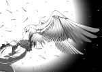  1girl bangs blunt_bangs commentary dutch_angle feathers from_side fur_collar glowing greyscale halftone hands_together head_wings jacket japanese_crested_ibis_(kemono_friends) kaya_(nari1-24) kemono_friends long_sleeves monochrome open_mouth short_hair shouting solo spot_color spread_wings yellow_eyes 