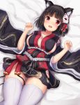  1girl :d animal_ears azur_lane bangs bed_sheet bell black_hair black_kimono blunt_bangs blush bob_cut breasts cat_ears cowboy_shot fang furisode japanese_clothes jingle_bell kimono looking_at_viewer lying manda_(manda9n) mask mask_on_head medium_breasts on_back open_mouth paw_pose red_eyes short_hair sideboob smile solo tareme thigh-highs white_legwear yamashiro_(azur_lane) 