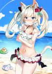  1girl animal_ears azur_lane bangs beach bikini_skirt black_bikini_bottom black_bow blue_sky blush bow cat_ears cat_girl cat_tail closed_mouth clouds commentary_request crossed_arms day eyebrows_visible_through_hair fingernails flower groin hair_bow hair_flower hair_ornament hair_rings hammann_(azur_lane) highres horizon innertube long_hair looking_at_viewer navel nose_blush ocean outdoors red_bikini_top red_flower red_rose refile rose sand seashell shell silver_hair sky solo tail water wavy_mouth 