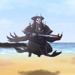  1boy beach black_cloak blue_sky cloak day fate/grand_order fate_(series) floating holding holding_sword holding_weapon hood hooded_cloak horns king_hassan_(fate/grand_order) male_focus ocean outdoors sand skull sky solo spikes sword tomoyohi weapon 