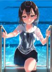  1girl barefoot black_eyes black_hair black_skirt black_swimsuit commentary highres koruri looking_at_viewer original pleated_skirt pool pool_ladder school_swimsuit school_uniform see-through serafuku shirt short_hair skirt solo swimsuit swimsuit_under_clothes wet wet_clothes white_shirt 