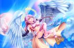  1girl angel_wings breasts commentary_request crop_top cross feathered_wings flying gloves gradient_hair halo jibril_(no_game_no_life) long_hair low_wings magic_circle medium_breasts midriff mismatched_legwear multicolored multicolored_hair no_game_no_life one_eye_closed open_mouth pink_hair shoes single_shoe solo symbol-shaped_pupils tawawa_(kakeibo7ykwety) very_long_hair wing_ears wings yellow_eyes 