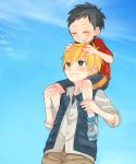  2boys age_difference black_eyes black_hair blonde_hair carrying closed_eyes grin highres male_focus multiple_boys original shirt shoes shorts shoulder_carry smile sneakers touyama_(t3yama2) vest 