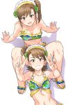  2girls bikini breasts clover clover_hair_ornament double_v eyebrows_visible_through_hair four-leaf_clover four-leaf_clover_hair_ornament from_above futami_ami futami_mami hair_ornament hairband happy_birthday highres idolmaster long_hair multiple_girls navel short_hair siblings side_ponytail simple_background sisters sitting small_breasts smile spread_legs swimsuit tsurui twins v white_background 