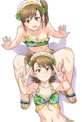  2girls bikini breasts clover clover_hair_ornament double_v eyebrows_visible_through_hair four-leaf_clover four-leaf_clover_hair_ornament from_above futami_ami futami_mami hair_ornament hairband happy_birthday highres idolmaster long_hair multiple_girls navel short_hair siblings side_ponytail simple_background sisters sitting small_breasts smile spread_legs swimsuit tsurui twins v white_background 